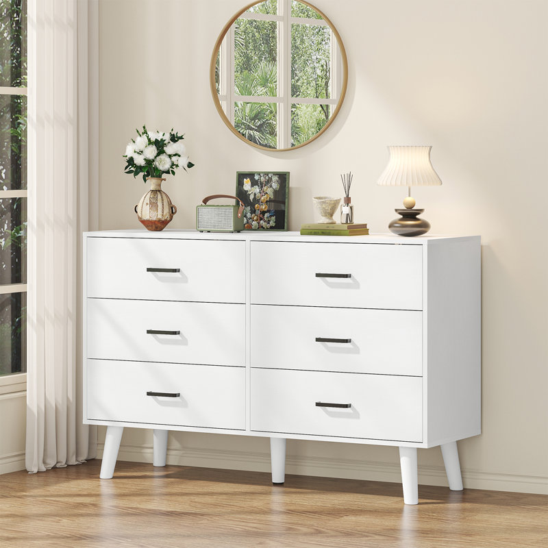Commode blanche pour chambre à coucher, commode 6 tiroirs avec poignées en métal, grande commode de rangement moderne Mid-Century pour le salon, placard