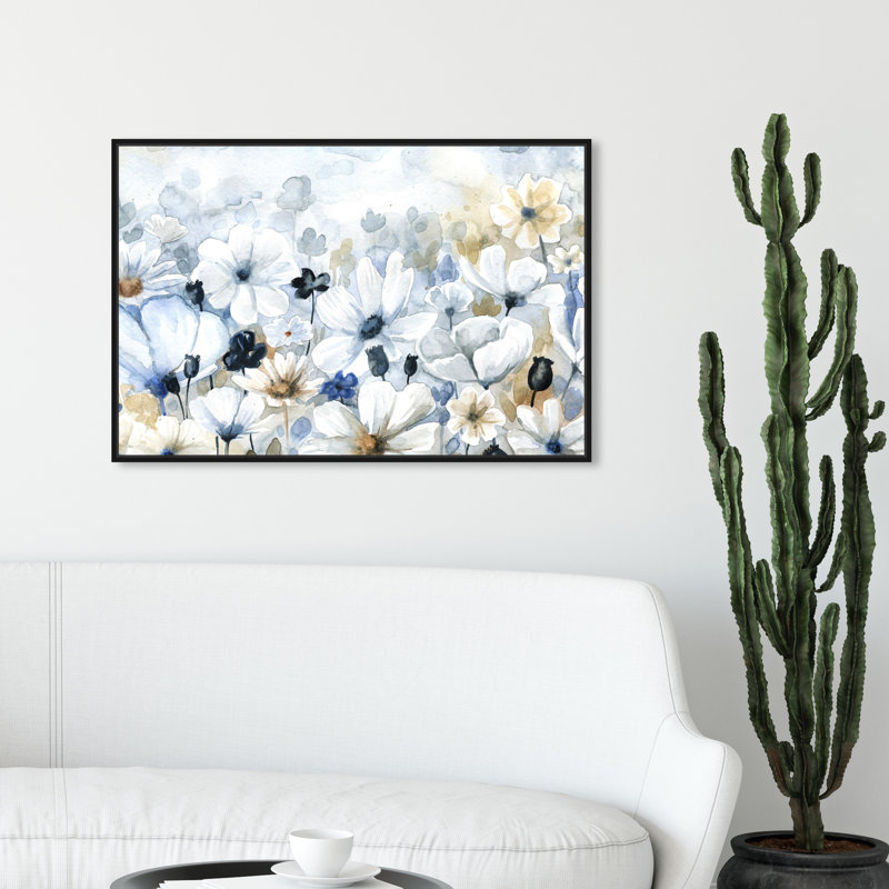 Floral and Botanical Fields of Blue Florals - Reproduction d'art graphique sur toile, Cadre noir