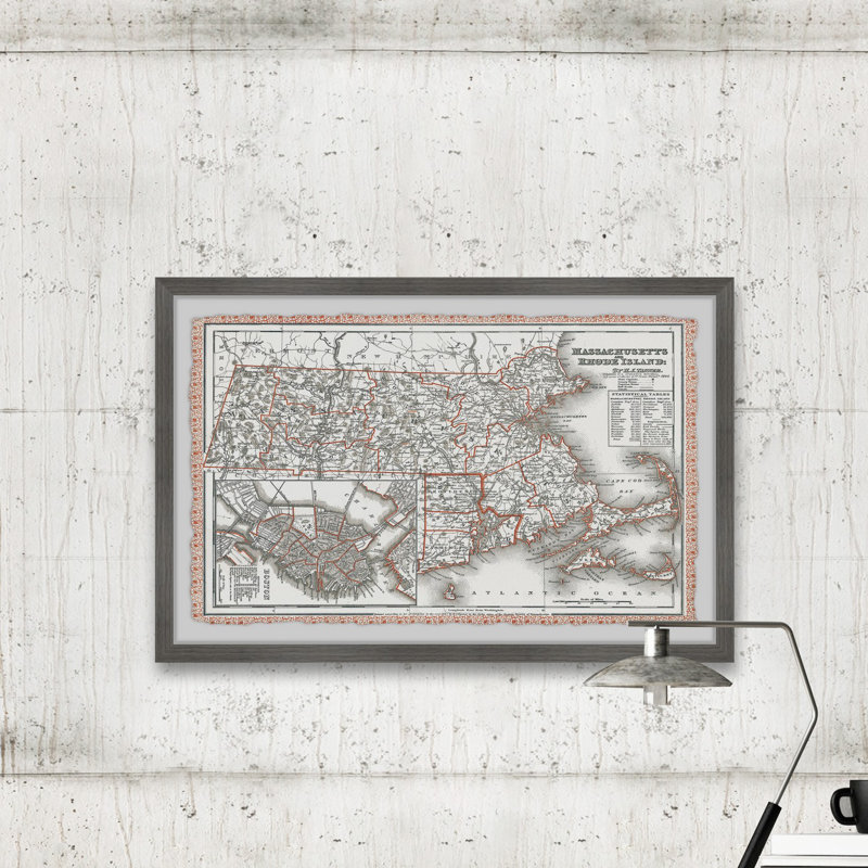 « rétro map of massachusetts » par marmont hill, impression sur papier, H 36 po x l 24 po x P 1,5 po