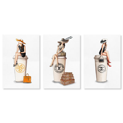 «Cafe Au Lait Trio, Fashion Coffee Girls Modern White - 3 pièces, impression sur toile»