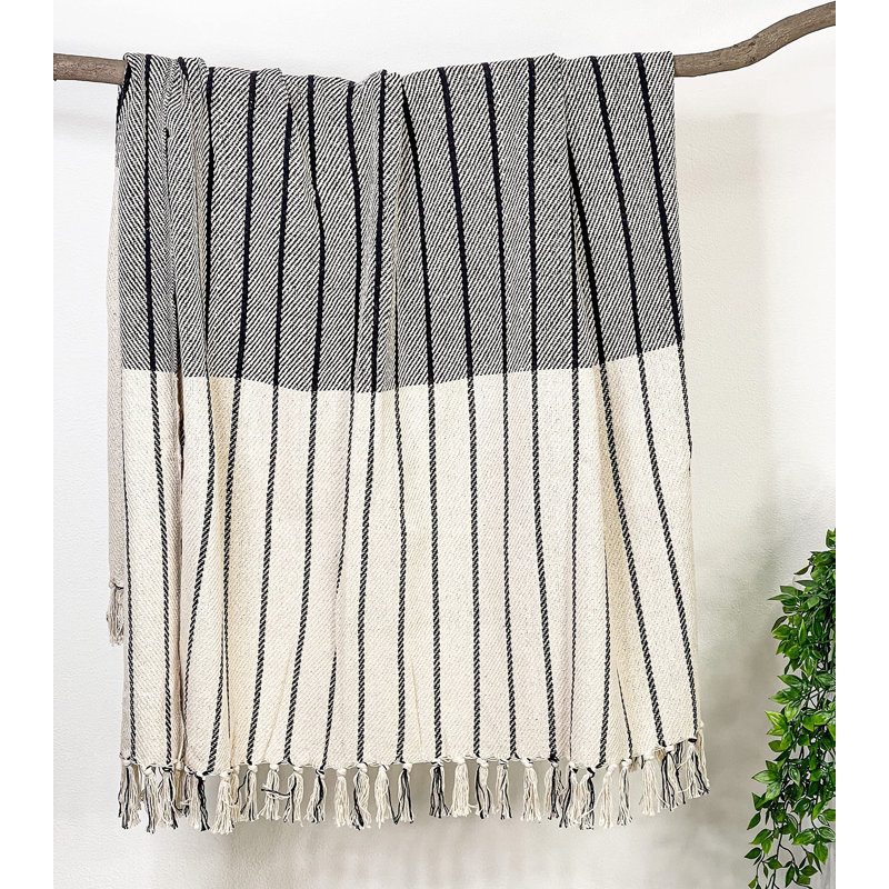 Black and Ivory Recycled Cotton Oslo Throw Blanket with Fringes
