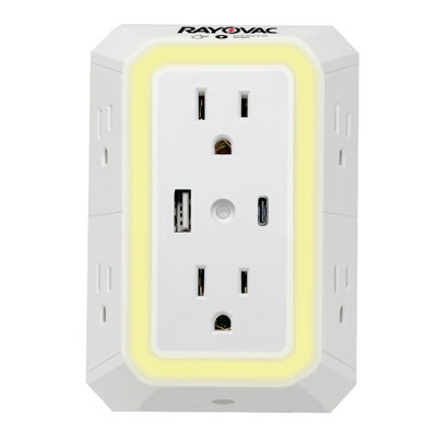 RAYOVAC® 6-AC Outlet & 2-USB Port Portable Surge Protector Wall Tap With Phone Holder & Night-Light, White