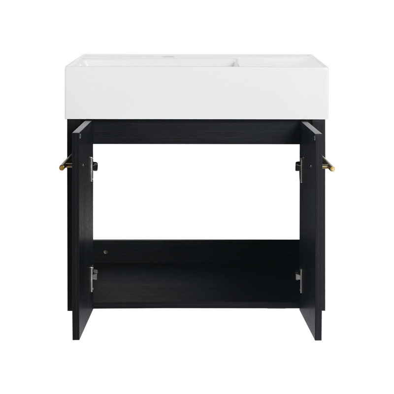 Meuble-lavabo mural avec lavabo et support de rangement, bassin gauche en résine à bords épais, ensemble KD, 24"