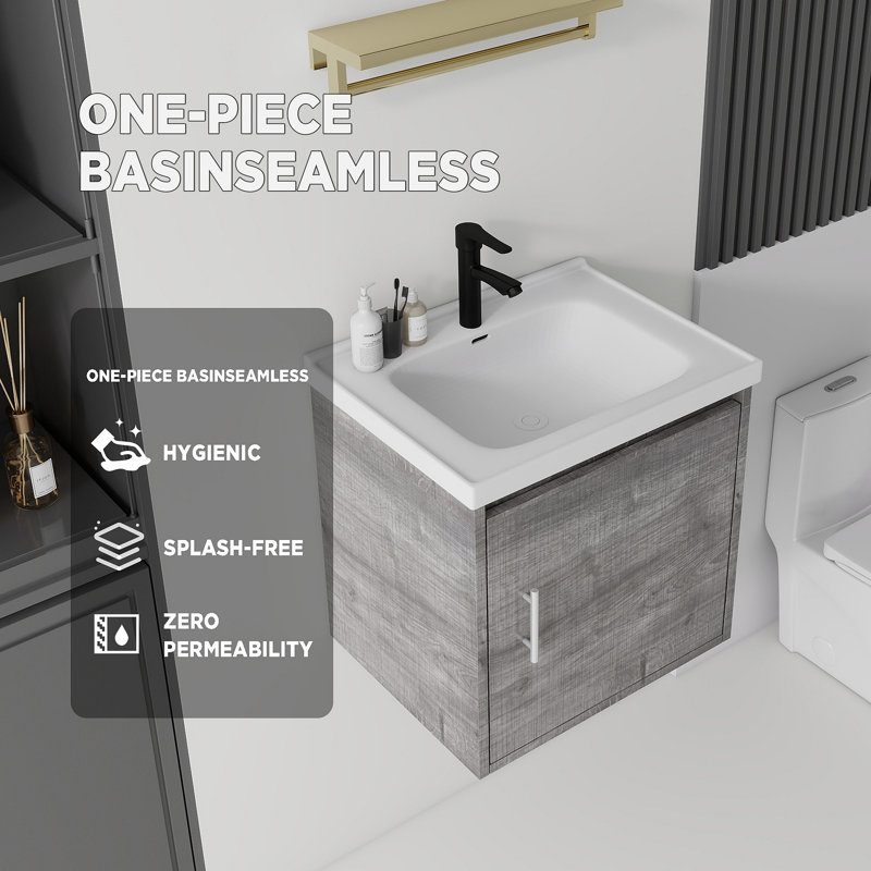 Meuble-lavabo flottant avec lavabo, porte à fermeture en douceur, lavabo en céramique, contreplaqué, Grey, 20"