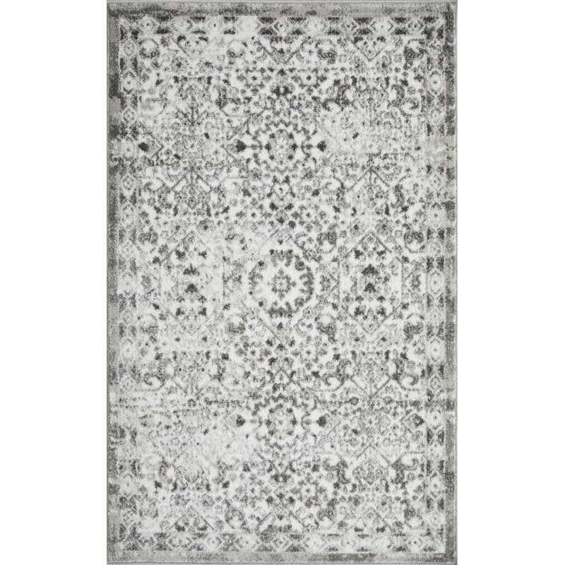 Tapis oriental gris en polypropylène tissé à la main Ragheb, Rectangle 3 pi 3 po x 5 pi 3 po