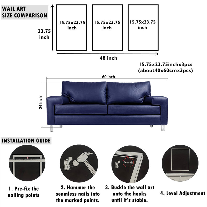 Ensemble de 3 impressions sur toile encadrées, L 24,6 po x H 48,5 po, Encadrement doré