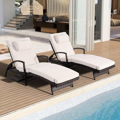 2 Piece Outdoor Wicker Chaise Lounge Set Adjustable Pool Lounge Chairs with Cushions and Built-in Side Table