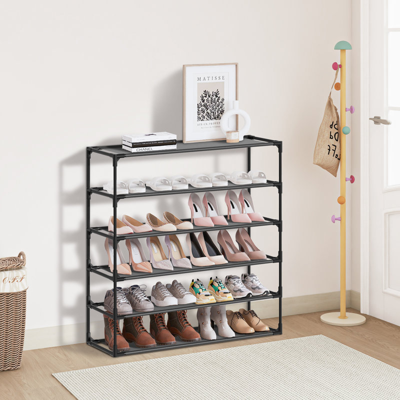 6 Tier Adjustable Fabric Shoe Rack Set of 2, Black Frame Stackable Entryway Shoe Storage Organizer, 36" H x 39" W  x 11" D