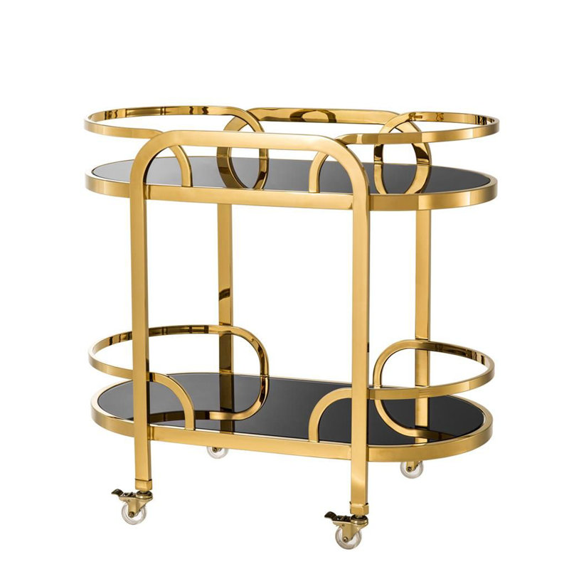 Gold Finish Oval Bar Cart with Black Glass Shelves