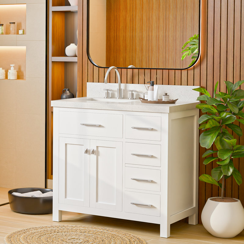 Alfard 36'' Single Bathroom Vanity with Engineered Quartz Top, Square, Dazzle White Quartz, White