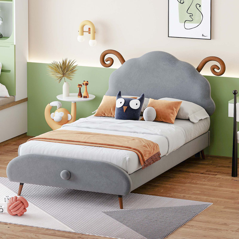 Lit plateforme tapissier avec tête de lit en forme de mouton, gris, Simple