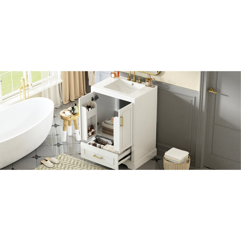 Meuble-lavabo de 24 po avec lavabo en céramique lisse, structure en bois massif et poignées élégantes en alliage de zinc pour un pied d'ambiance chic, sophistiqué et luxueux