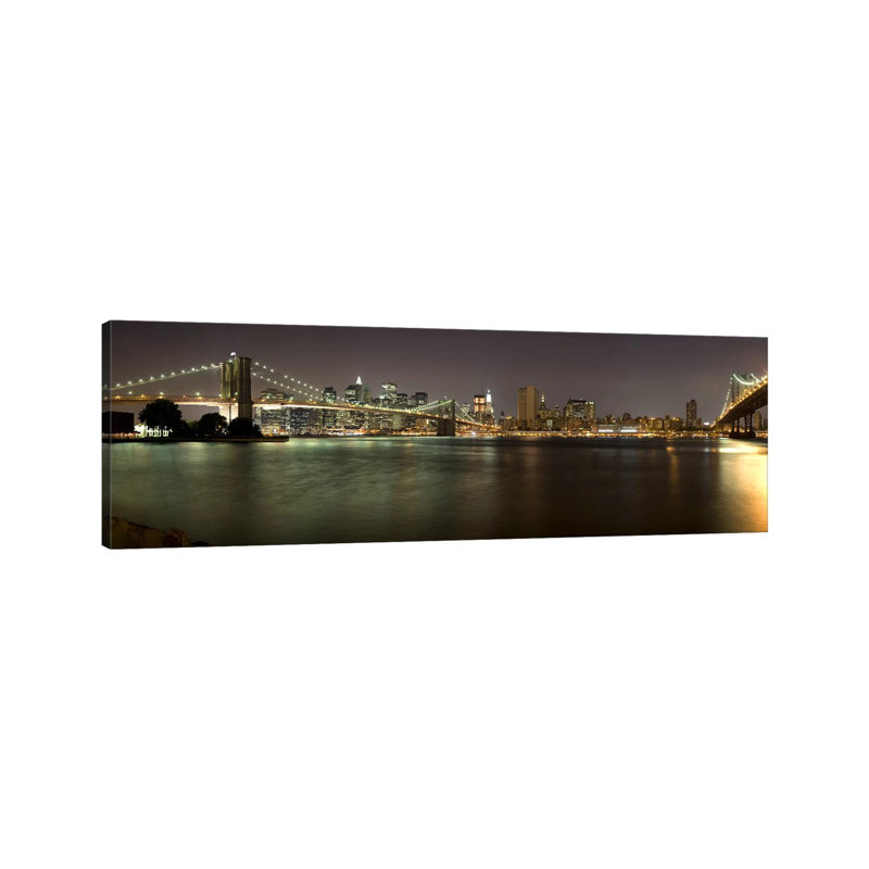 Brooklyn Bridge And Manhattan Bridge Across East River At Night, Manhattan - Wrapped Canvas Panoramic Print