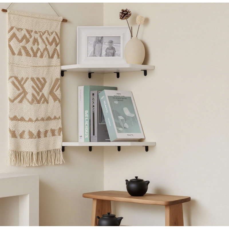 Floating Corner Shelves Set Of 2, Rustic Wood Wall Mounted Shelf Organizer For Living Room, Bedroom, Bathroom, Kitchen, White