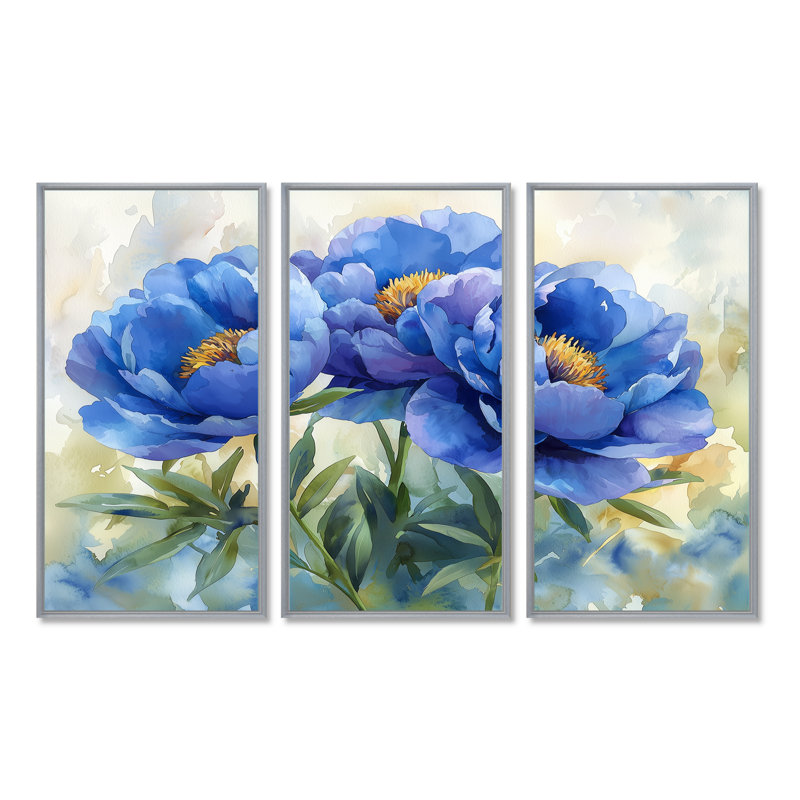 Pivoines bleues dans la prairie II - décorations murales pivoines - 3 pièces, H 28 po x l 36 po, Argent argent