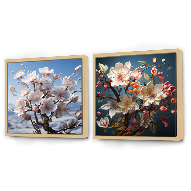 Gentle Magnolia Song - Ensemble de 2 collages carrés Magnolias, Cadre flottant brun, H 30 po x l 61 po