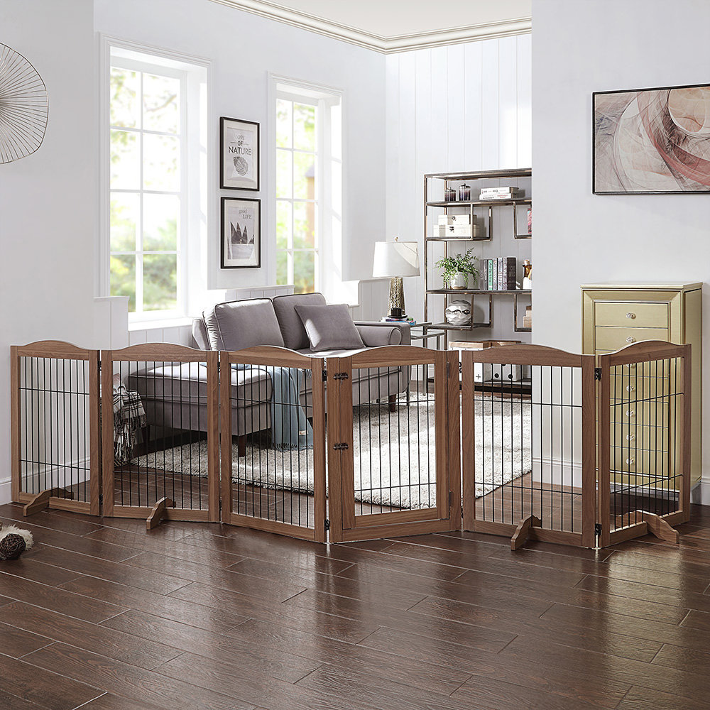thumbnail image 2 of Unipaws Extra Wide Dog Gate, Pet Playpen With Wooden Construction And Wire, 6 Panels Freestanding Walk Through Pet Gate With 4 Support Feet, Foldable Pet Exercise Pen, Espresso 2 of 9