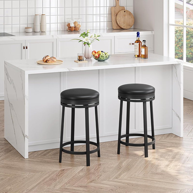 24" Swivel Bar Stools Set of 4, PU Leather Seat, Metal Frame, Backless, Kitchen Island, Black, 4, Black