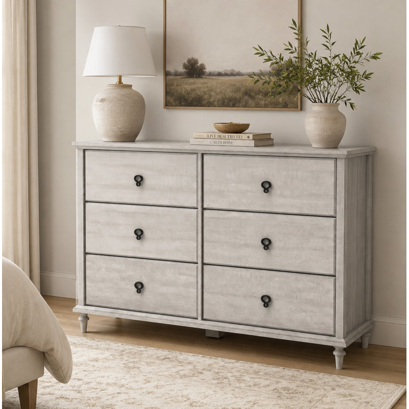 Aleana 46.2" W Traditional 6-Drawer Double Dresser with Solid Wood Tapered Legs, Dusty Gray Oak