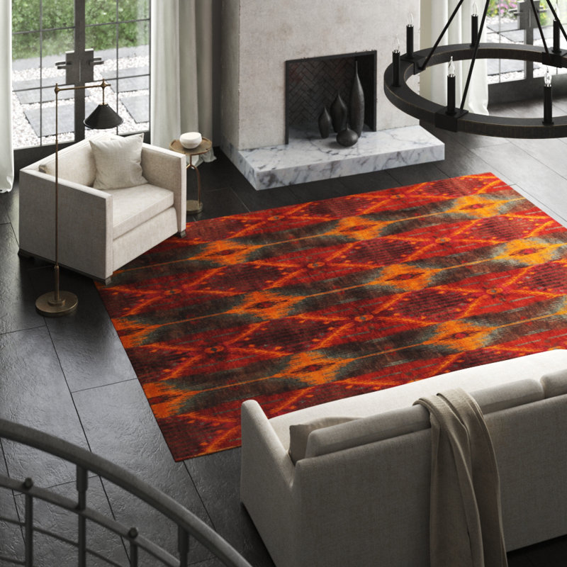 Hand Knotted Wool Ikat Area Rug in Rust/Multicolor, Rectangle 9'4" x 11'1
