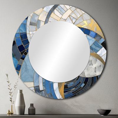 Gold Constructing Blue Realms I - Abstract Shapes Large Mirror, Modern Round Decorative Wall Mirror, Printed Metal Art