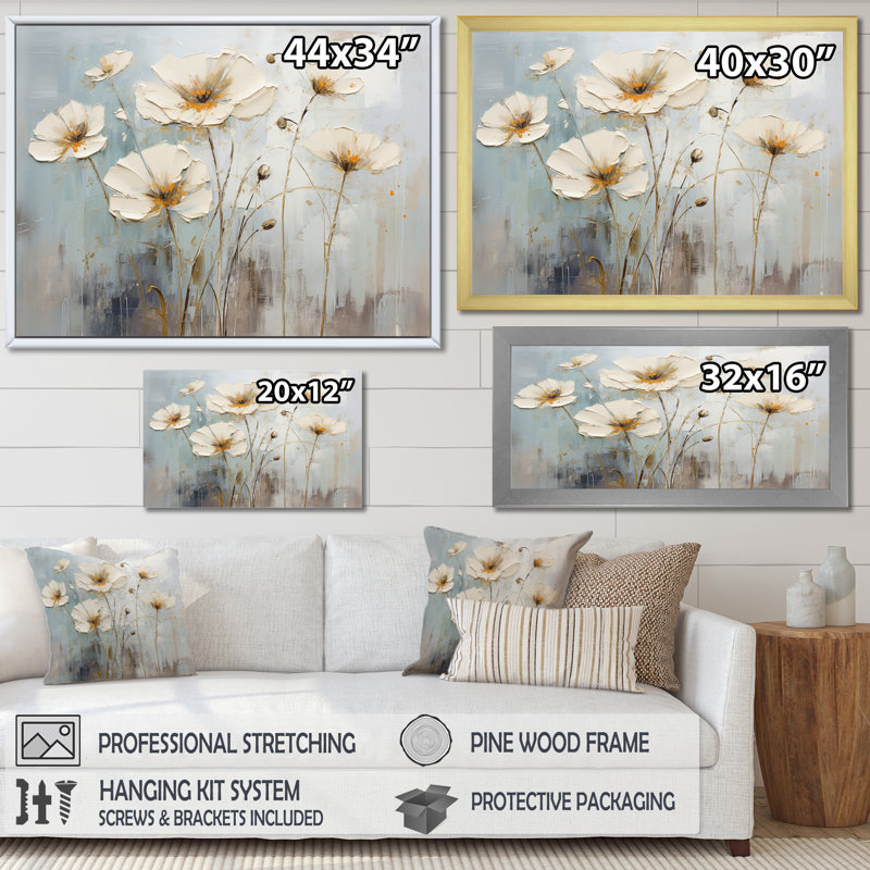Élégant beige et gris Buttercups Meadow - Buttercups Wall Art Living Room, H 34 po x l 44 po x P 1,5 po