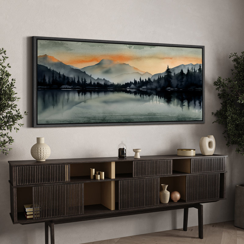 Woodland Forest Landscape Sunset Mountain Range and Lake, reproduction d'art sur toile, H 30 po x l 60 po