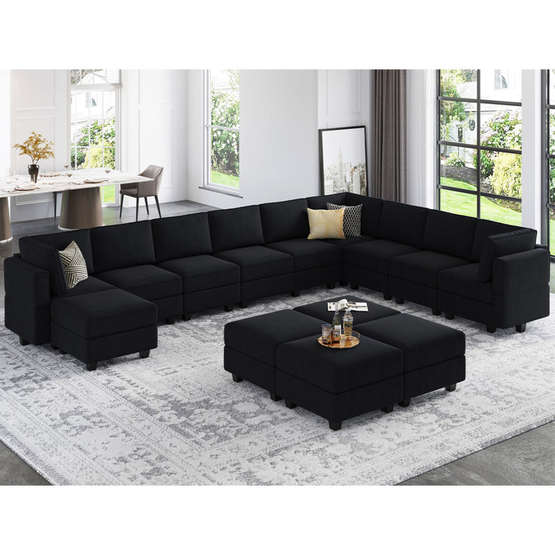 Wylodene U-Shaped Velvet Reversible Modular Sectional, Black Velvet