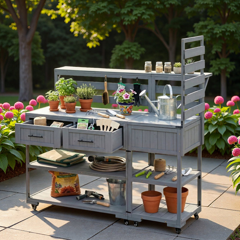 Îlot de cuisine pour patio avec plateau en acier inoxydable, tablette surélevée, tiroirs et tablettes ouvertes, Gris