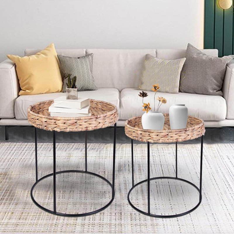 Natural Water Hyacinth Nesting End Table Set Of 2, Hand-Woven Side Tables,Small Round Nesting Coffee Table 17" & 15.5"Desktop