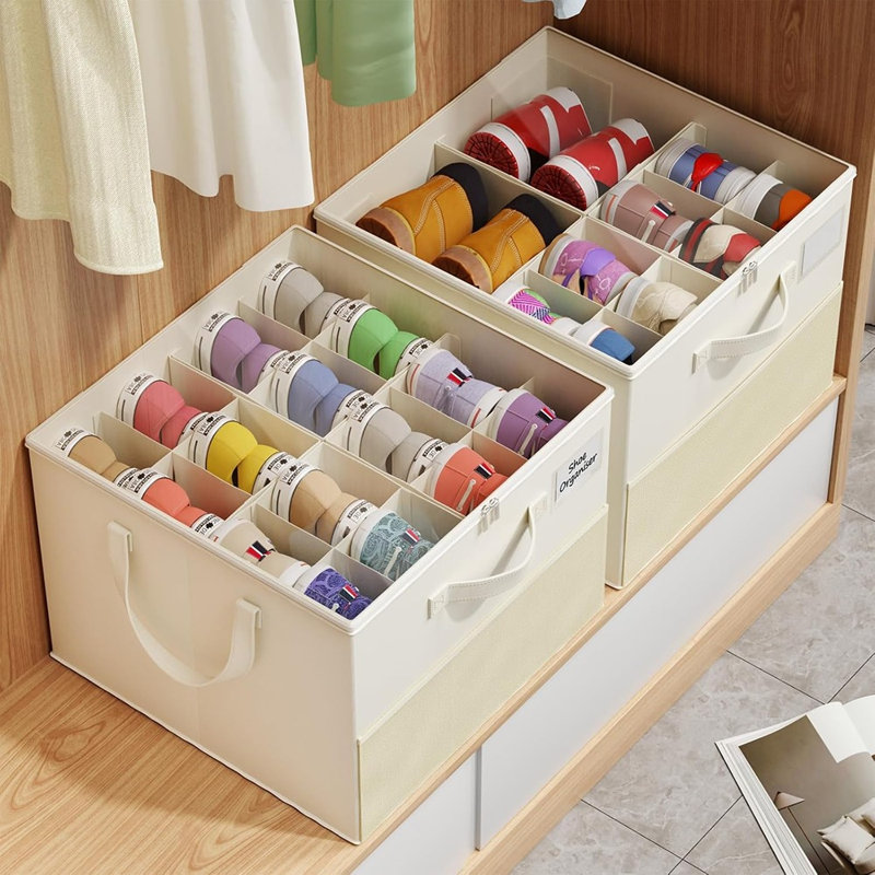 Ensemble de 2 range-chaussures beige pour garde-robe - Boîtes de rangement pliables avec séparateurs réglables et couvercle transparent - Porte-chaussures peu encombrant