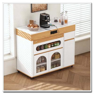 Table de salle à manger extensible avec plateau pliable extra-long, îlot de cuisine roulant avec tiroirs, prise de courant et verrou de frein, armoire de rangement