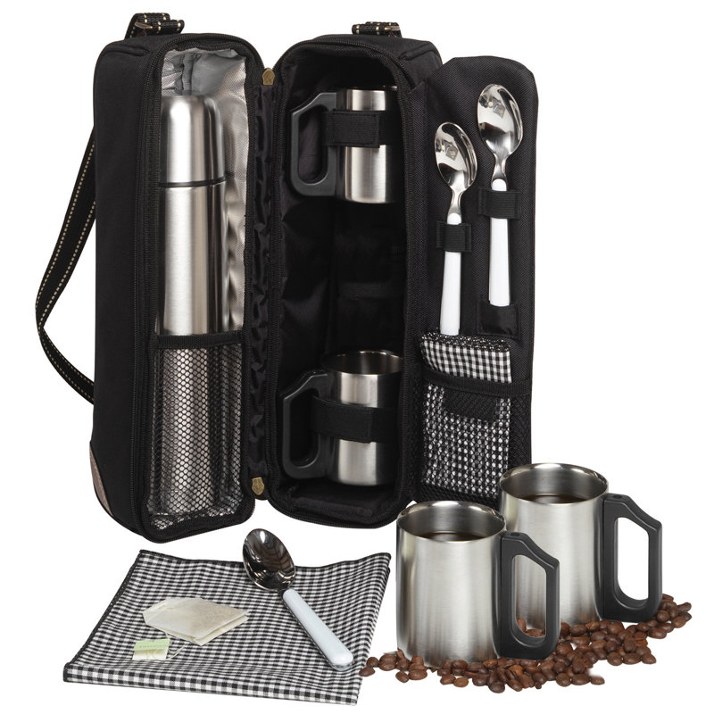Black Stainless Steel Travel Coffee Tote for 2 with Vacuum Flask and Cups