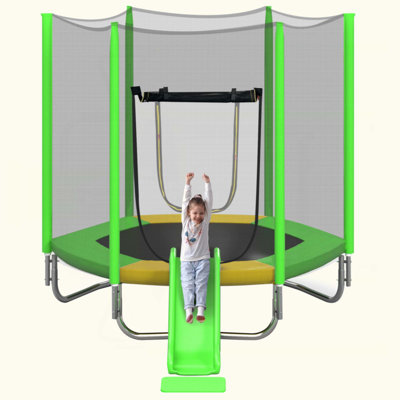 7FT Trampoline For Kids With Safety Enclosure Net, Slide And Ladder, Easy Assembly ,Regular Hexagon Outdoor Recreational Trampoline