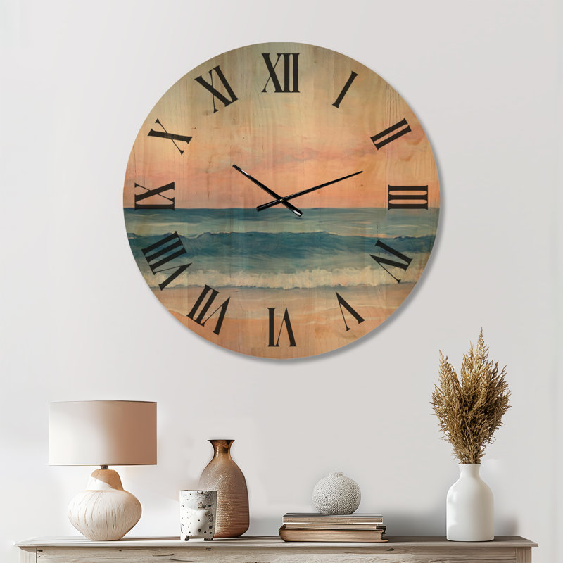 Blush Sunrise Shore I - Horloge murale de plage, impression sur bois, Medium