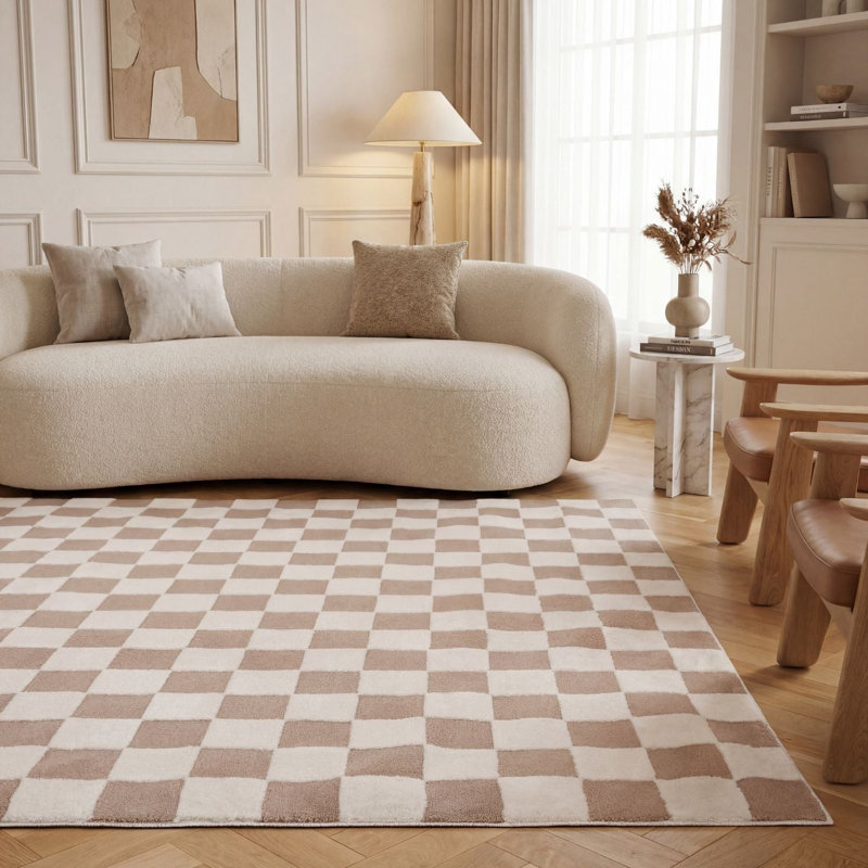 Loft Modern Checkerboard Living Room Area Rug and Runner Soft Pile, Rectangle 200 x 290 cm, Beige/Ivory