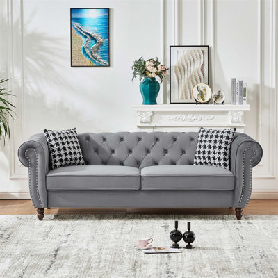 Luxurious Velvet Upholstered Chesterfield Sofa With Roll Armrest And Nailhead, Mid - Century Modern 3 - Seater For Versatile Living Spaces