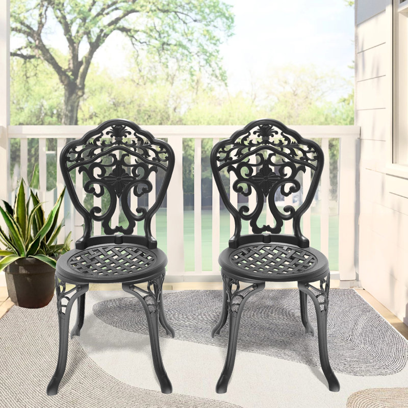2 chaises de patio en fonte d'aluminium, noir, motifs élaborés, peinture, repose-pieds à glissade, assise confortable 2 pièces, sculptures ornées, résistance à la corrosion, base, chaise ergonomique