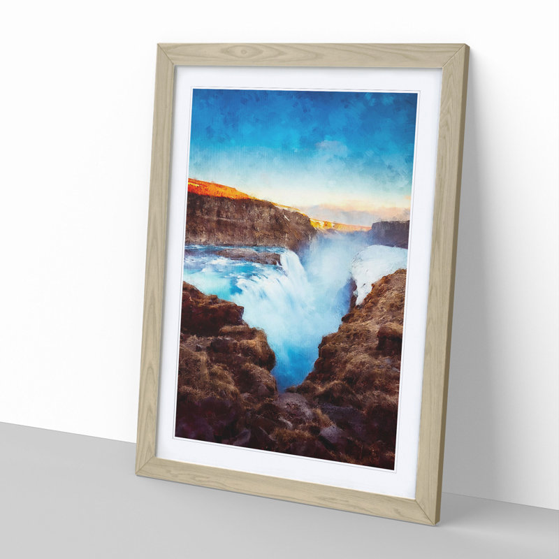 A Waterfall in Iceland - Picture Frame Painting, Oak Framed, 65cm H x 48cm W x 2cm D