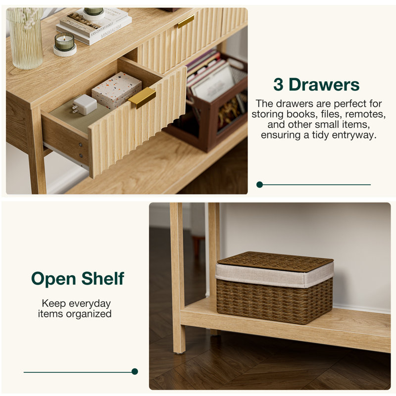 Natural Oak Console Table with Fluted Drawers and Shelf