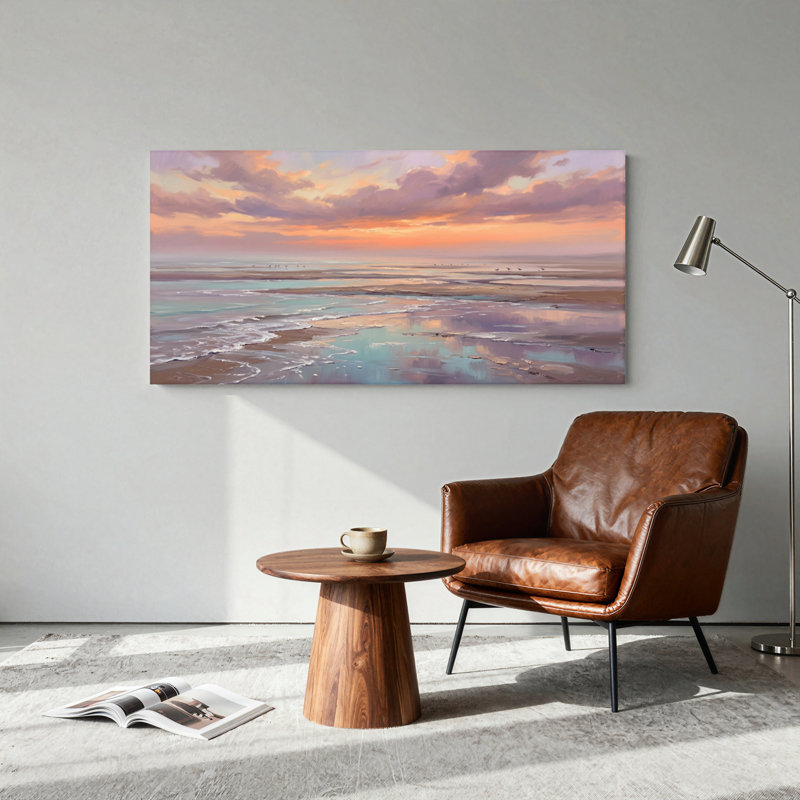 Ensemble de 1 tableau sur toile représentant un coucher de soleil sur la plage, L 40 po x H 20 po, Toile tendue