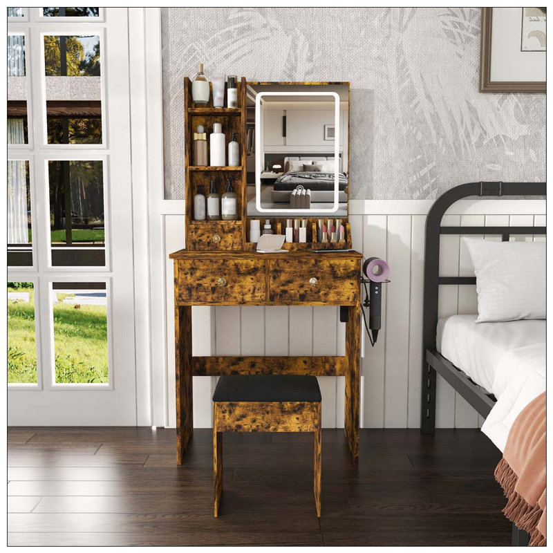 Petit meuble-lavabo moderne avec éclairage DEL, prise de courant et rangement, Antique brown