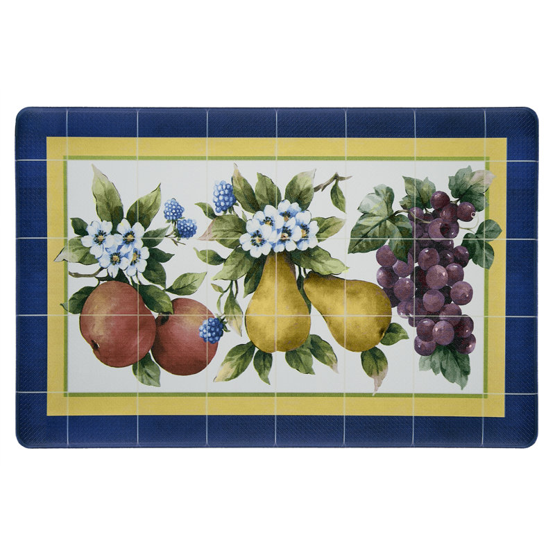 Oversized Blue and Yellow PVC Anti-Fatigue Kitchen Mat with Fruity Tiles