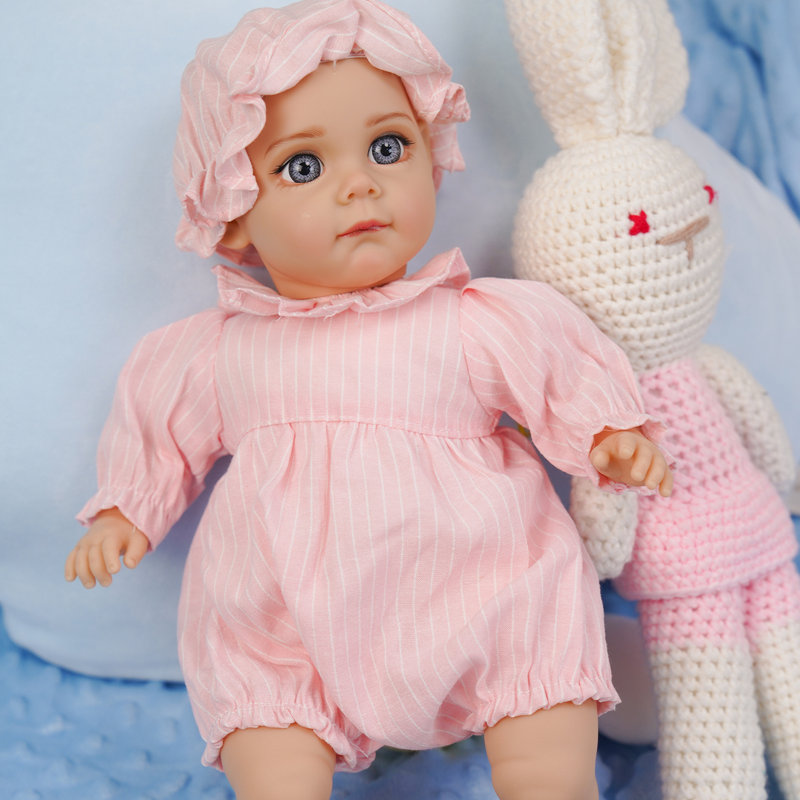  14inch Reborn Baby Doll?? Soft Cotton Body With Lifelike Folds, Azure Glass Eyes, And Delicate Pink Striped Outfit. Tan Vinyl Limbs Bend Softly—perfect Gift For Collectors!