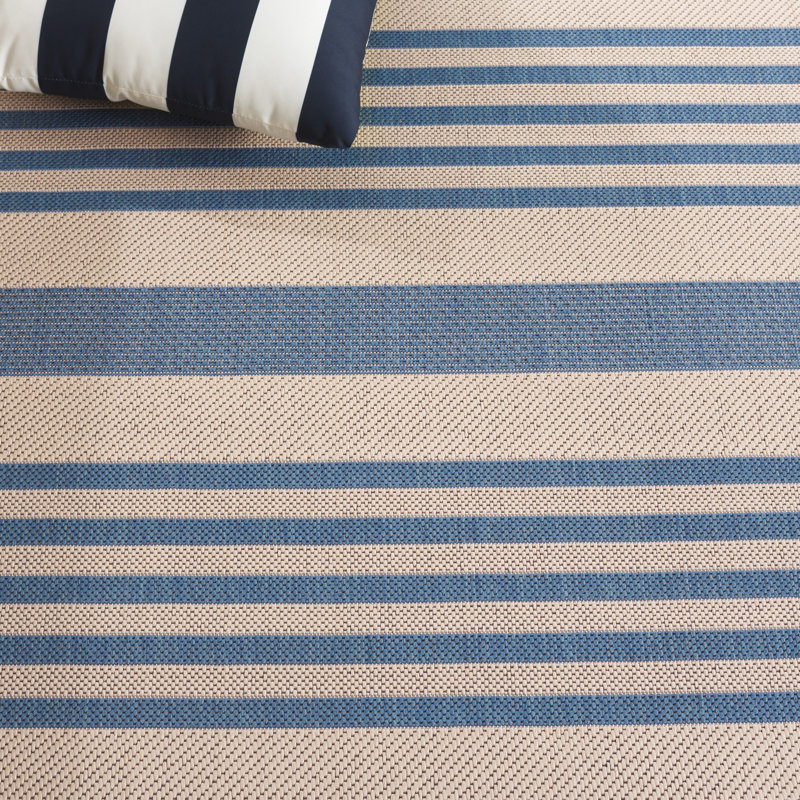 Beige and Blue Striped Synthetic Indoor/Outdoor Rug, 5'3" x 7'6"