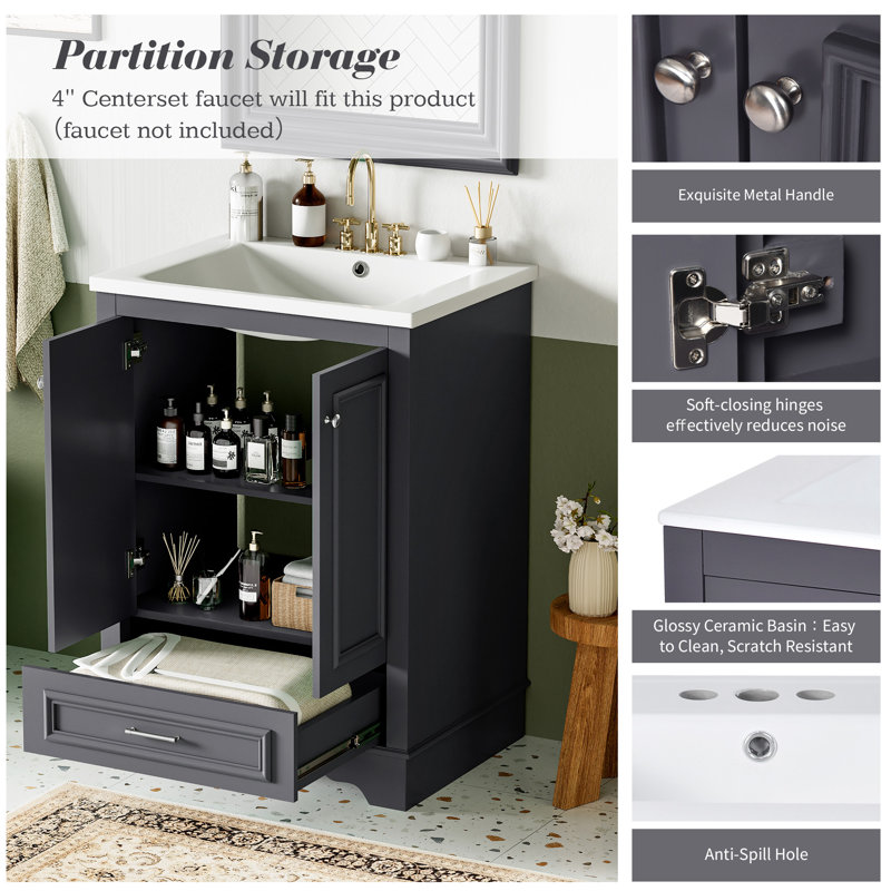 Meuble-lavabo 24 po avec lavabo en céramique, Blue Grey