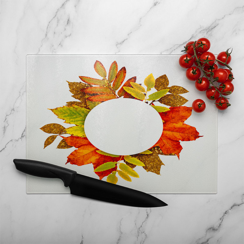Circled Autumn Leaves Glass Chopping Board, 28cm L x 20cm W