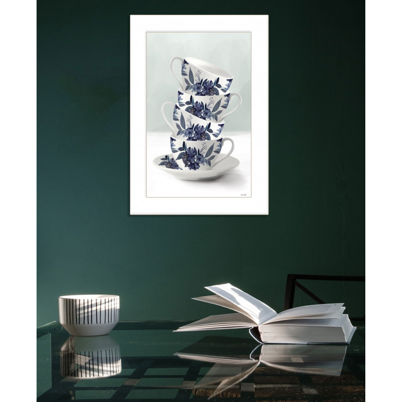 Tea Tower Blue 1, reproduction d'art encadrée, Cadre d'angle fermé en bois massif blanc