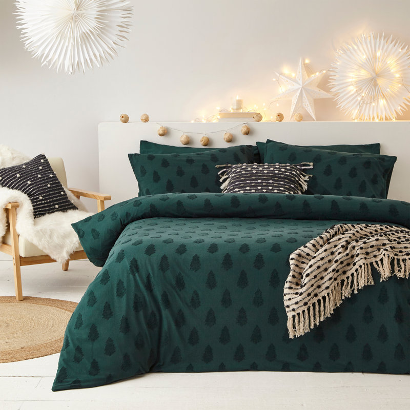 Tufted Tree Cotton Floral Duvet Cover Set with Pillowcases Included, Single - 1 Standard Pillowcase, Pine White