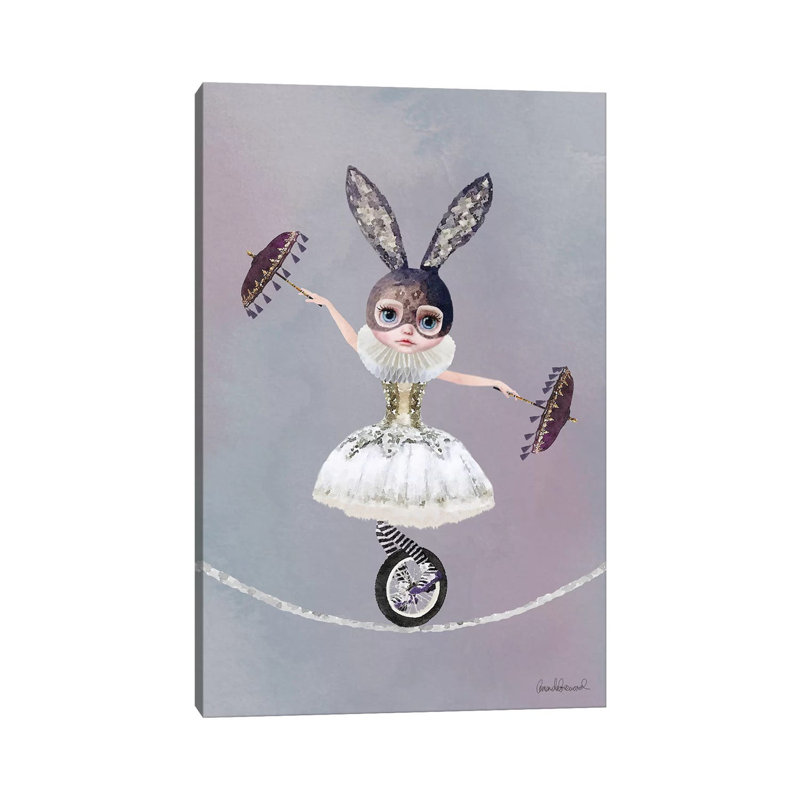 Miss Lily Rabbit Riding A Unicycle On A Tightrope At The Circus by Amanda Greenwood - Wrapped Canvas Print